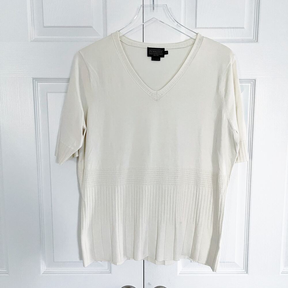 Pendleton Silk Blend Ivory V-Neck Knit Sweater Top Quiet Luxury Office Capsule